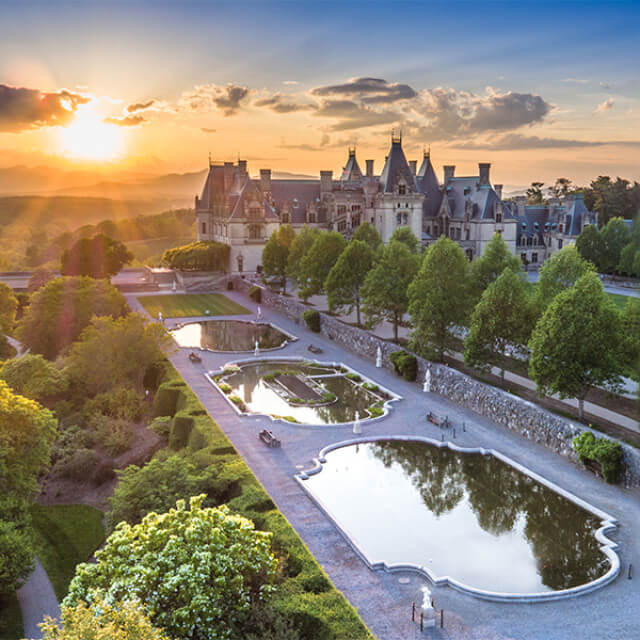 An aerial view of the Biltmore Estate grounds in Asheville, North Carolina