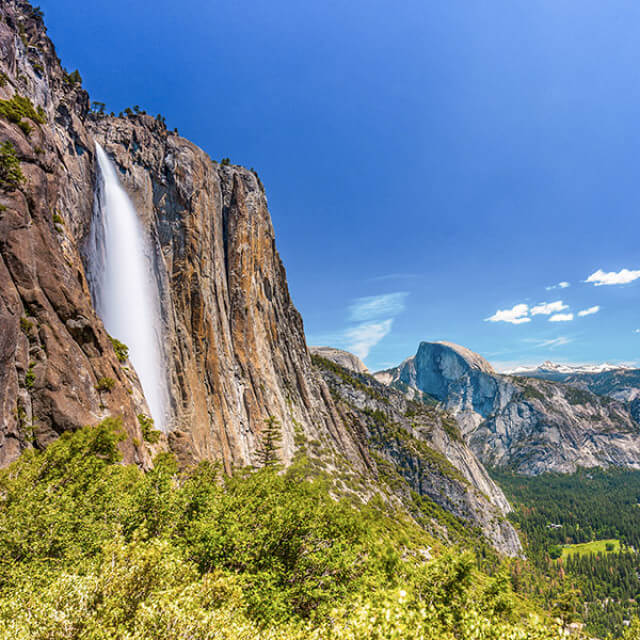 Viewing Upper Yosemite Falls and the Yosemite Valley from Columbia Point in Yosemite National Park, California
