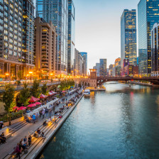 Evening activity on the Chicago Riverwalk in Chicago, Illinois